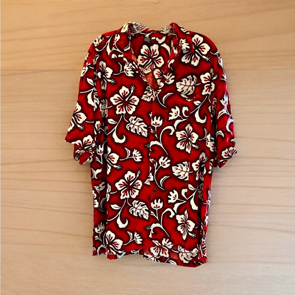 Hibiscus Collection Hawaiian Mens Shirt XL Short Sleeve Red Hawaiian Button Up